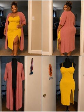 Yellow Midi Dress with Free Pink Duster Cardigan